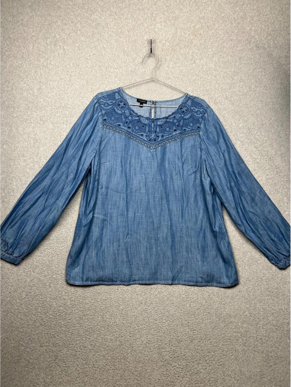 Talbots Women Chambray Long Sleeve Boho Blouse Shirt Size Xl Blue Embroidered